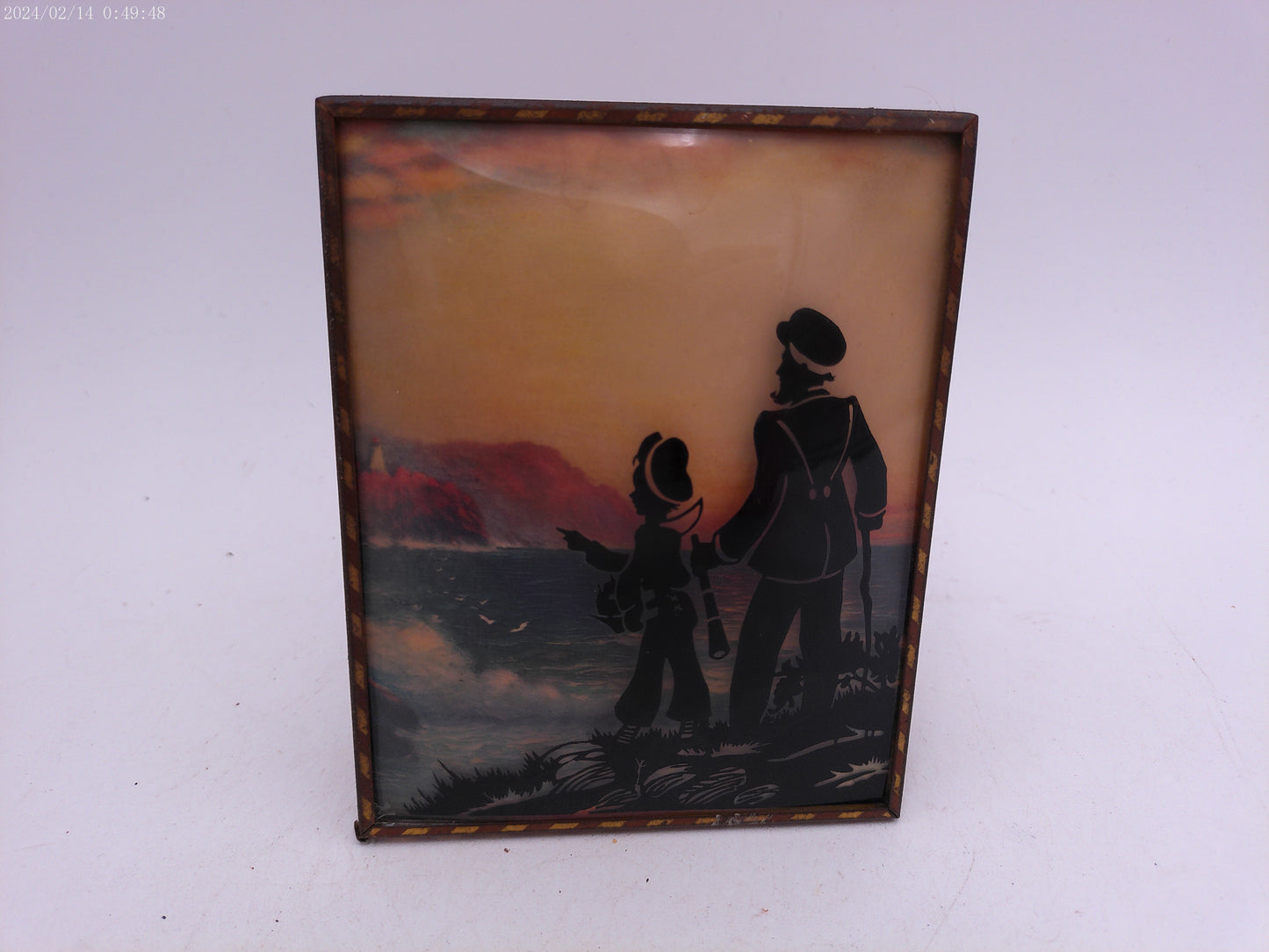 Glass Convex Silhouette Framed Picture Father and Son Viewing Ocean   B57