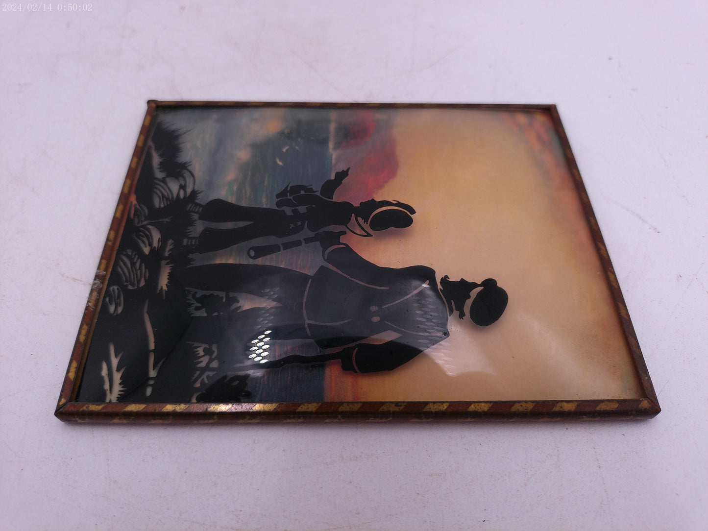 Glass Convex Silhouette Framed Picture Father and Son Viewing Ocean   B57
