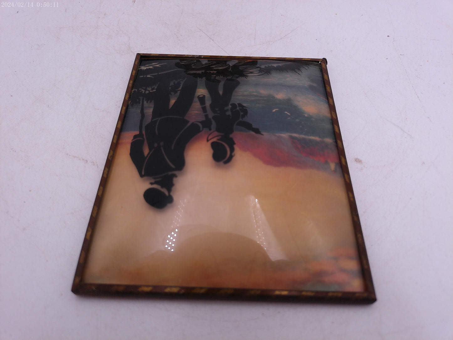 Glass Convex Silhouette Framed Picture Father and Son Viewing Ocean   B57