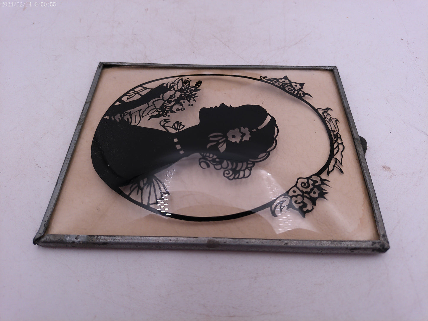 Glass Convex Silhouette Framed Picture Young Lady with Flowers in Hair    B58