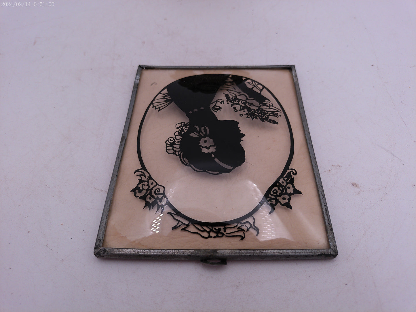 Glass Convex Silhouette Framed Picture Young Lady with Flowers in Hair    B58