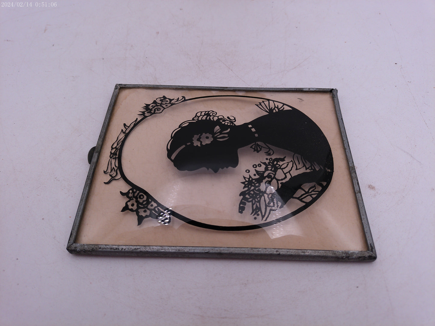 Glass Convex Silhouette Framed Picture Young Lady with Flowers in Hair    B58