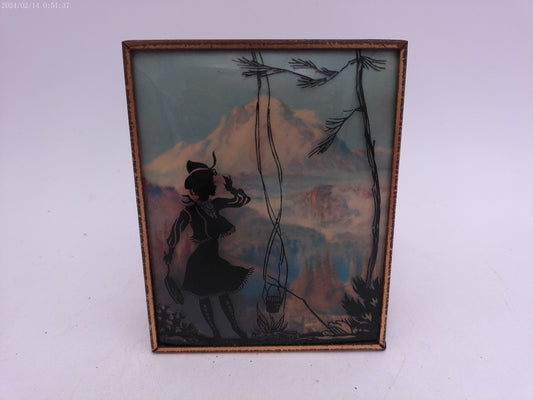 Glass Convex Silhouette Framed Picture Young Lady Seeing Mountain    B59