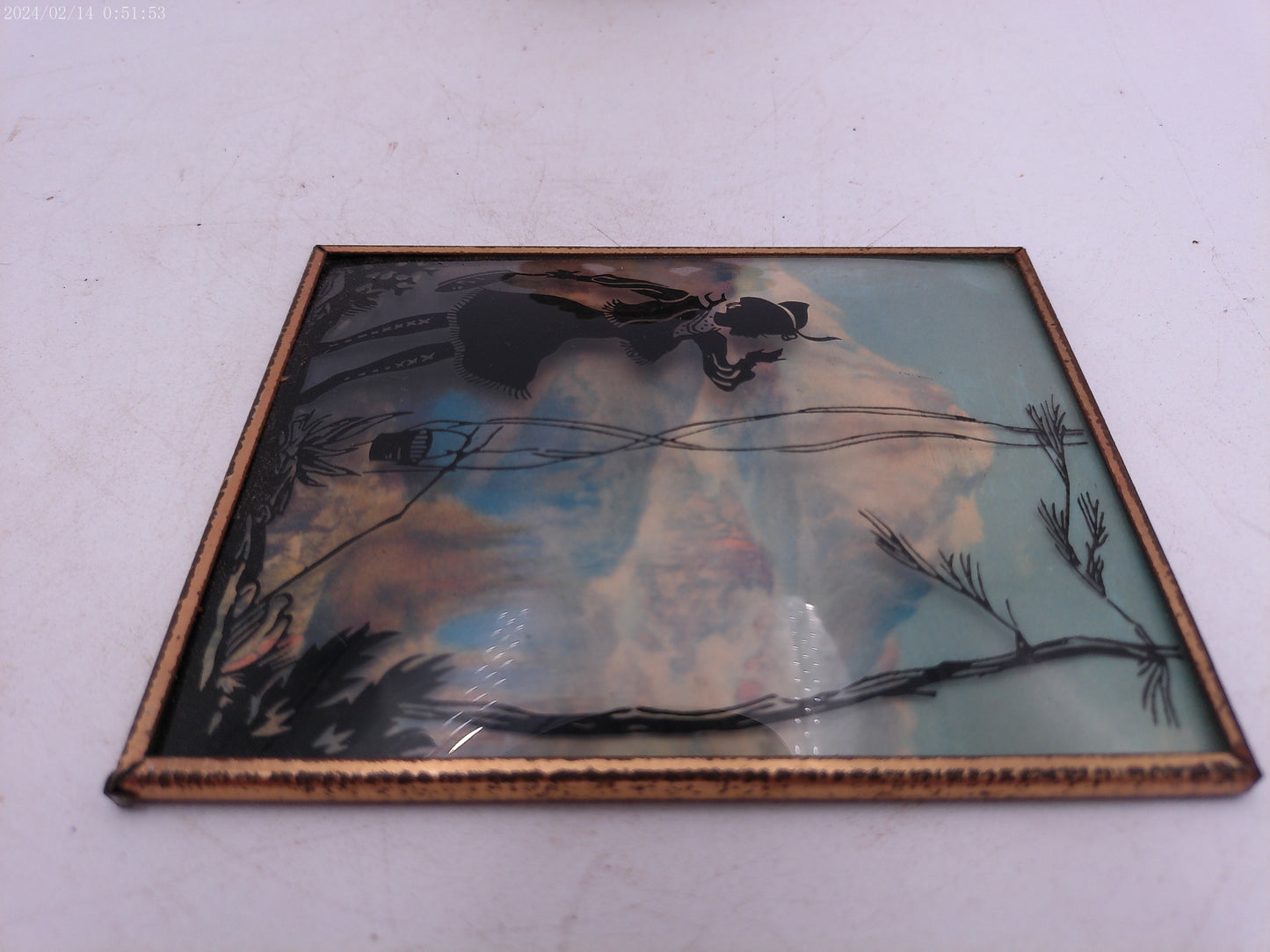 Glass Convex Silhouette Framed Picture Young Lady Seeing Mountain    B59