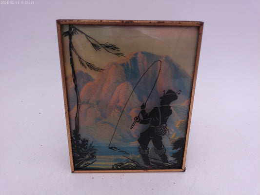 Glass Convex Silhouette Framed Picture Man Fishing  B511