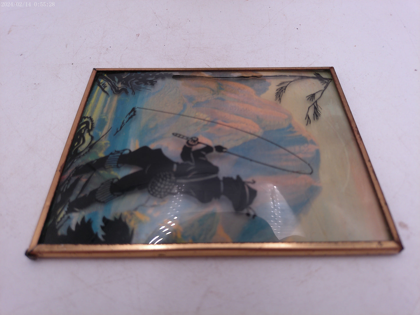 Glass Convex Silhouette Framed Picture Man Fishing  B511