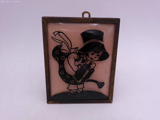 Glass Convex Silhouette Framed Child Watering Plants  B512