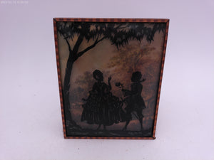 Glass Convex Silhouette Framed Picture Woman Getting Flowers Outside  B513
