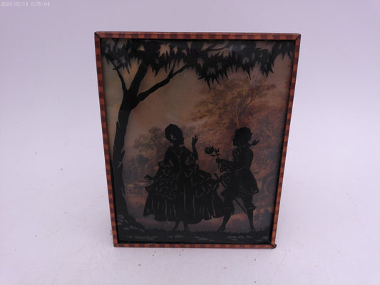 Glass Convex Silhouette Framed Picture Woman Getting Flowers Outside  B513