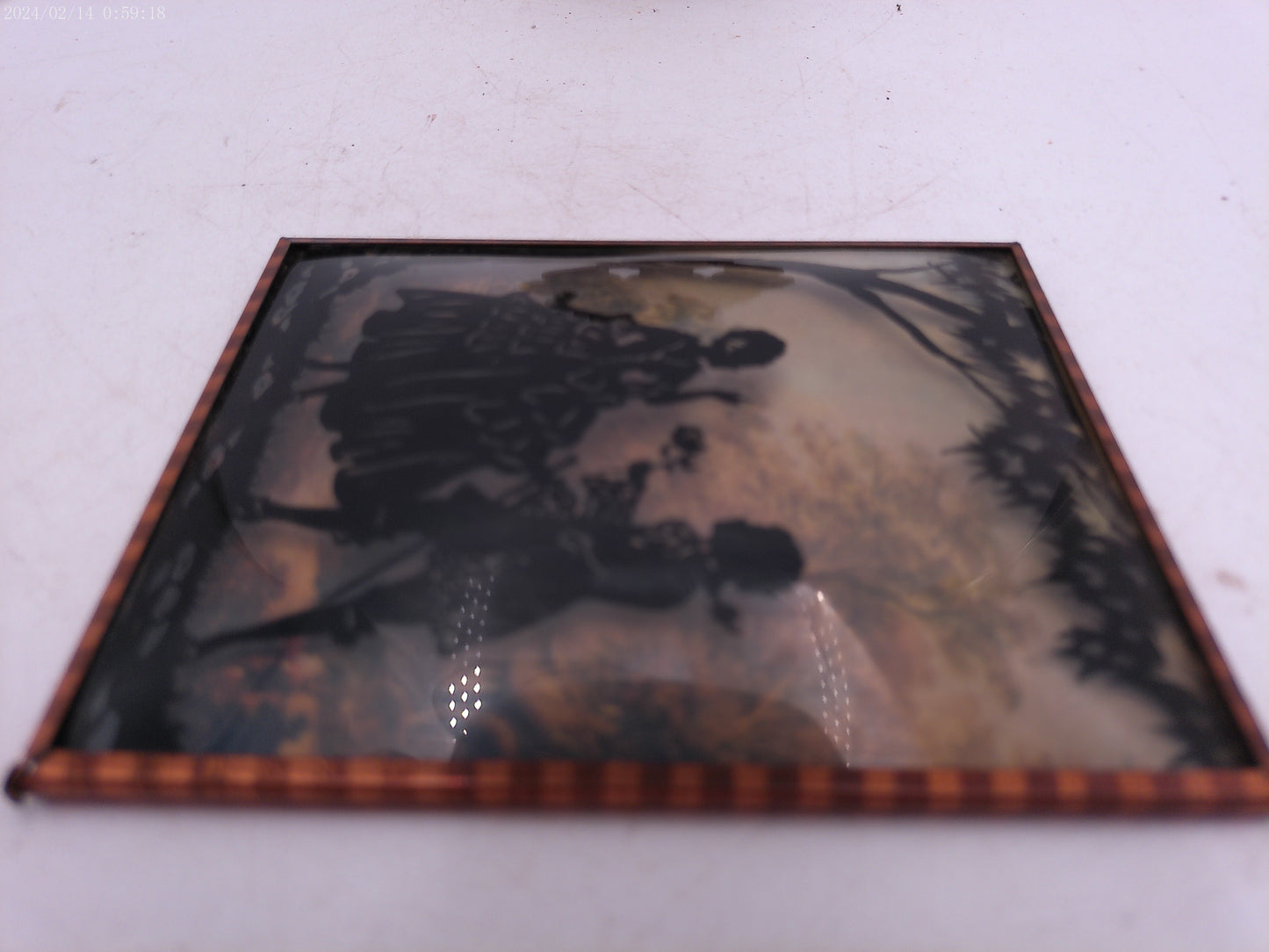 Glass Convex Silhouette Framed Picture Woman Getting Flowers Outside  B513