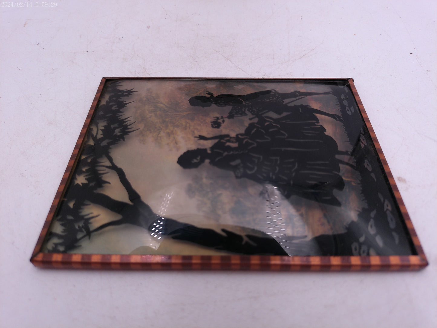 Glass Convex Silhouette Framed Picture Woman Getting Flowers Outside  B513