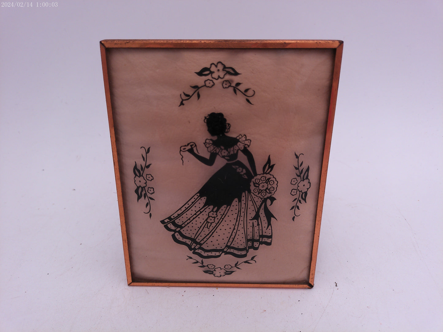 Glass Convex Silhouette Framed Picture Woman Holding Mask B514
