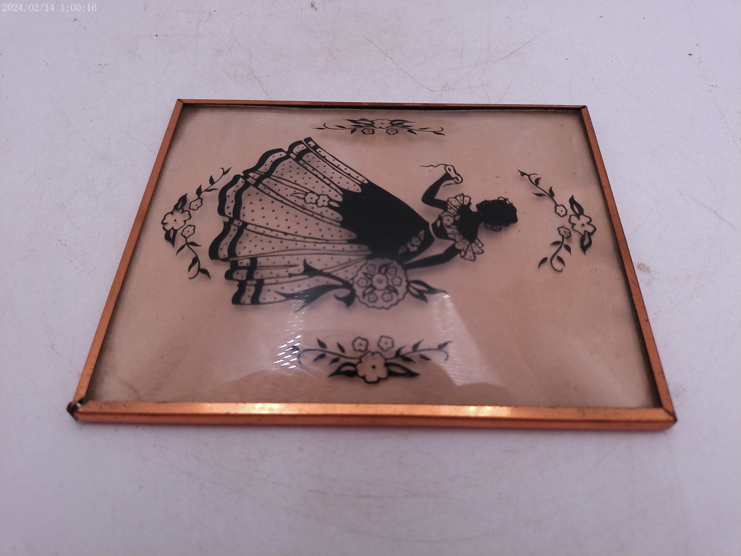 Glass Convex Silhouette Framed Picture Woman Holding Mask B514