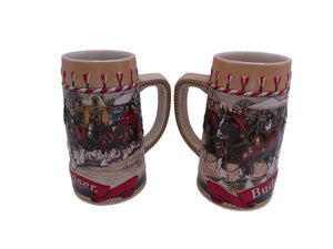 Beer Stein 1986 Budweiser Winter Christmas CLYDESDALE Horses Scene Ceramic Mug lot of 2