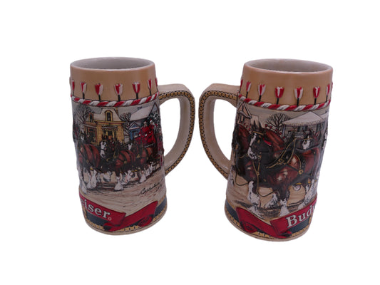 Beer Stein 1986 Budweiser Winter Christmas CLYDESDALE Horses Scene Ceramic Mug lot of 2