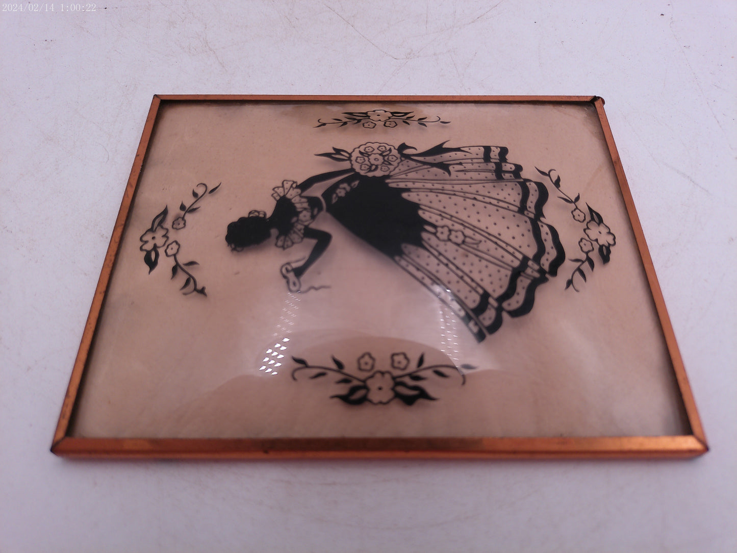 Glass Convex Silhouette Framed Picture Woman Holding Mask B514