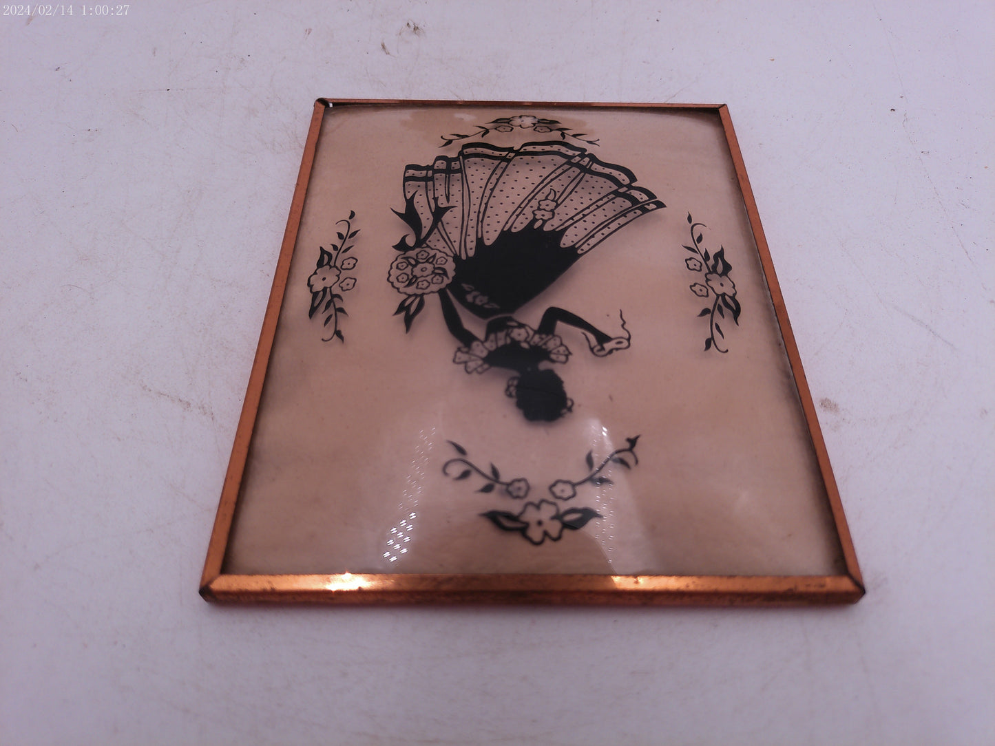 Glass Convex Silhouette Framed Picture Woman Holding Mask B514