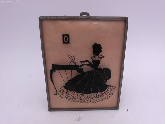 Glass Convex Silhouette Framed Picture Young Woman Playing Piano B516