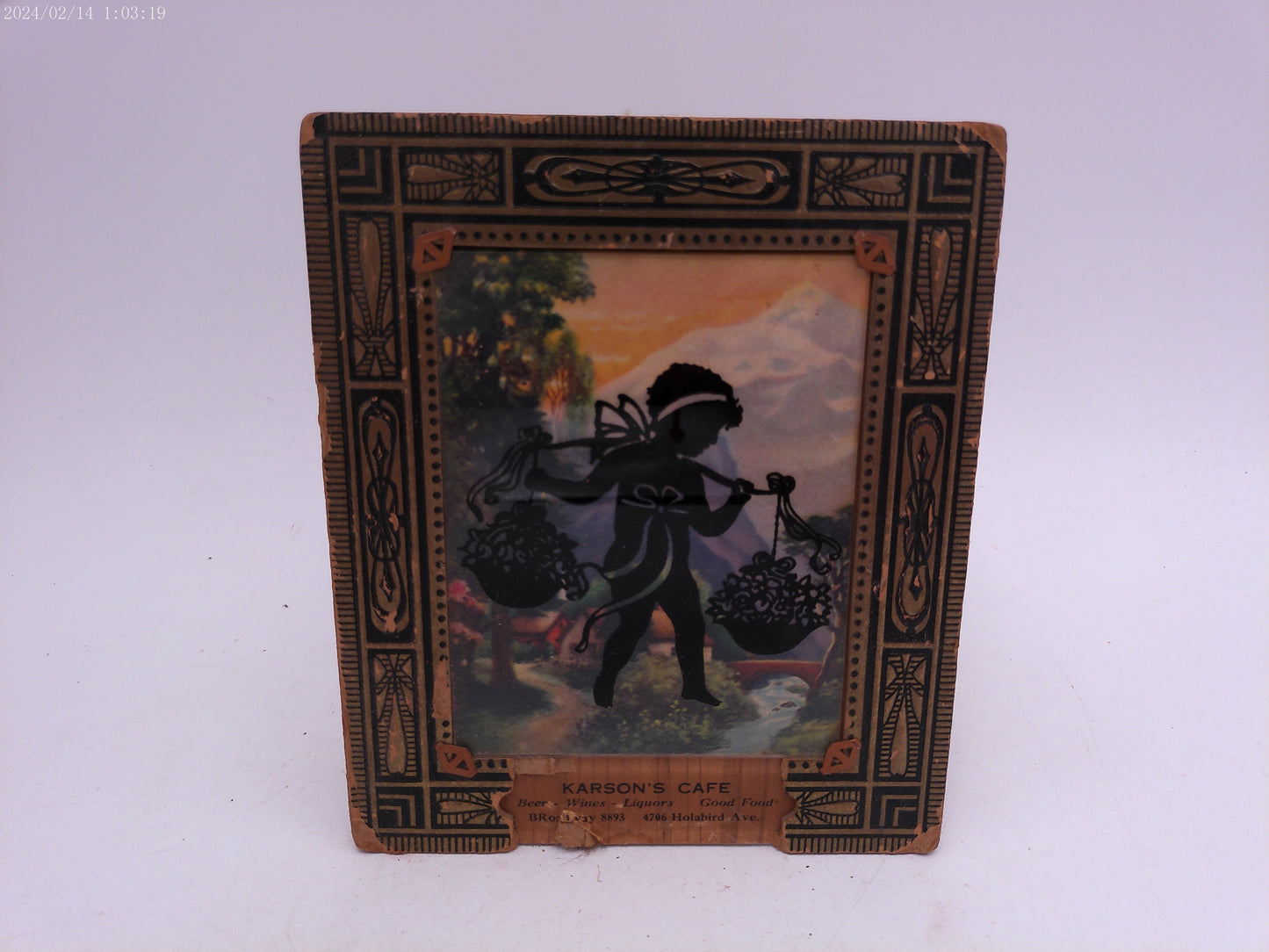 Glass Convex Silhouette Framed Picture Child Carrying Baskets B517