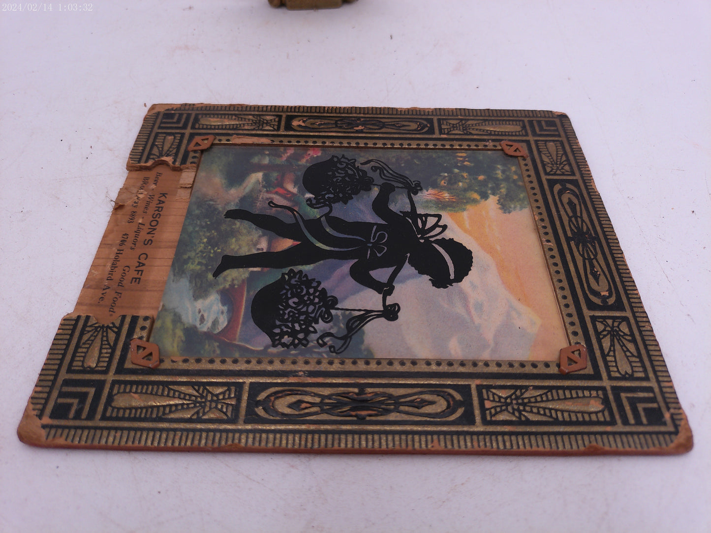 Glass Convex Silhouette Framed Picture Child Carrying Baskets B517