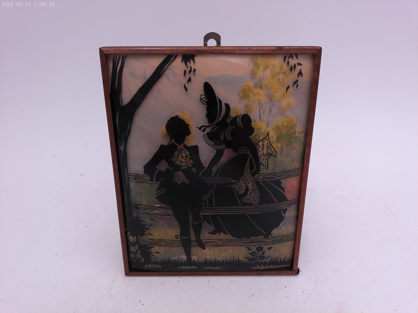 Glass Convex Silhouette Framed Picture Couple Enjoying Outside by Fence B520