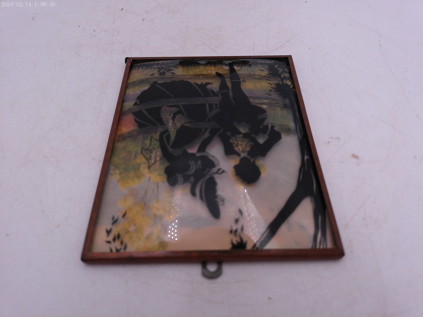 Glass Convex Silhouette Framed Picture Couple Enjoying Outside by Fence B520