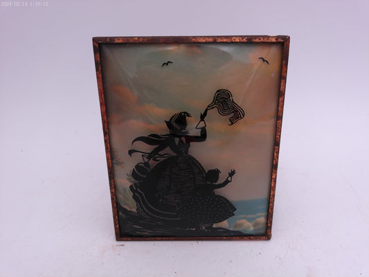 Glass Convex Silhouette Framed Picture Mother and Daughter Enjoying Breeze B521