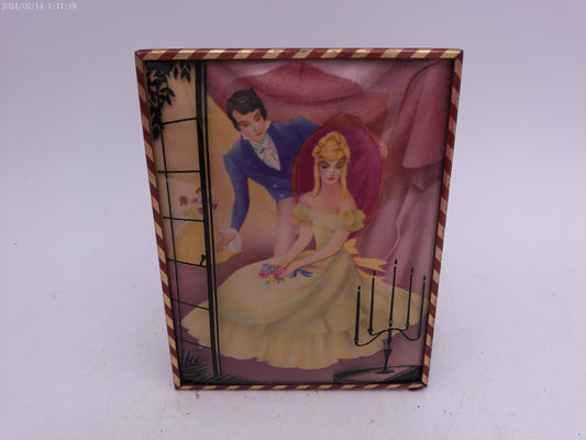 Glass Convex Silhouette Framed Picture Young Couple Seating By Candles  B522