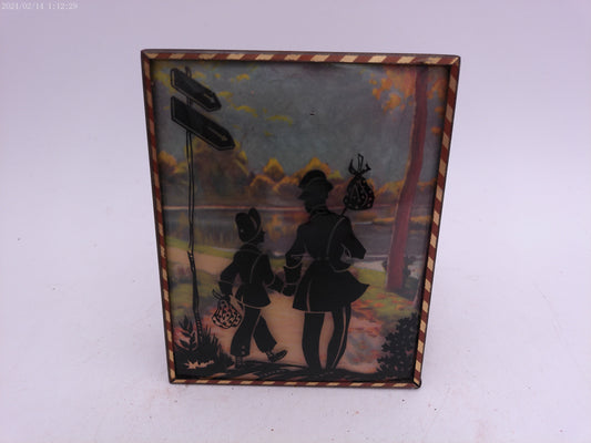 Glass Convex Silhouette Framed Picture Hobos Walking  B523