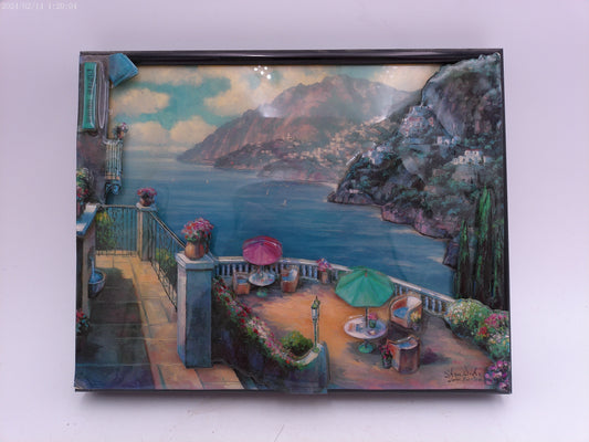 Metal Framed 3D Effect Glazed Picture of Mountains and Ocean