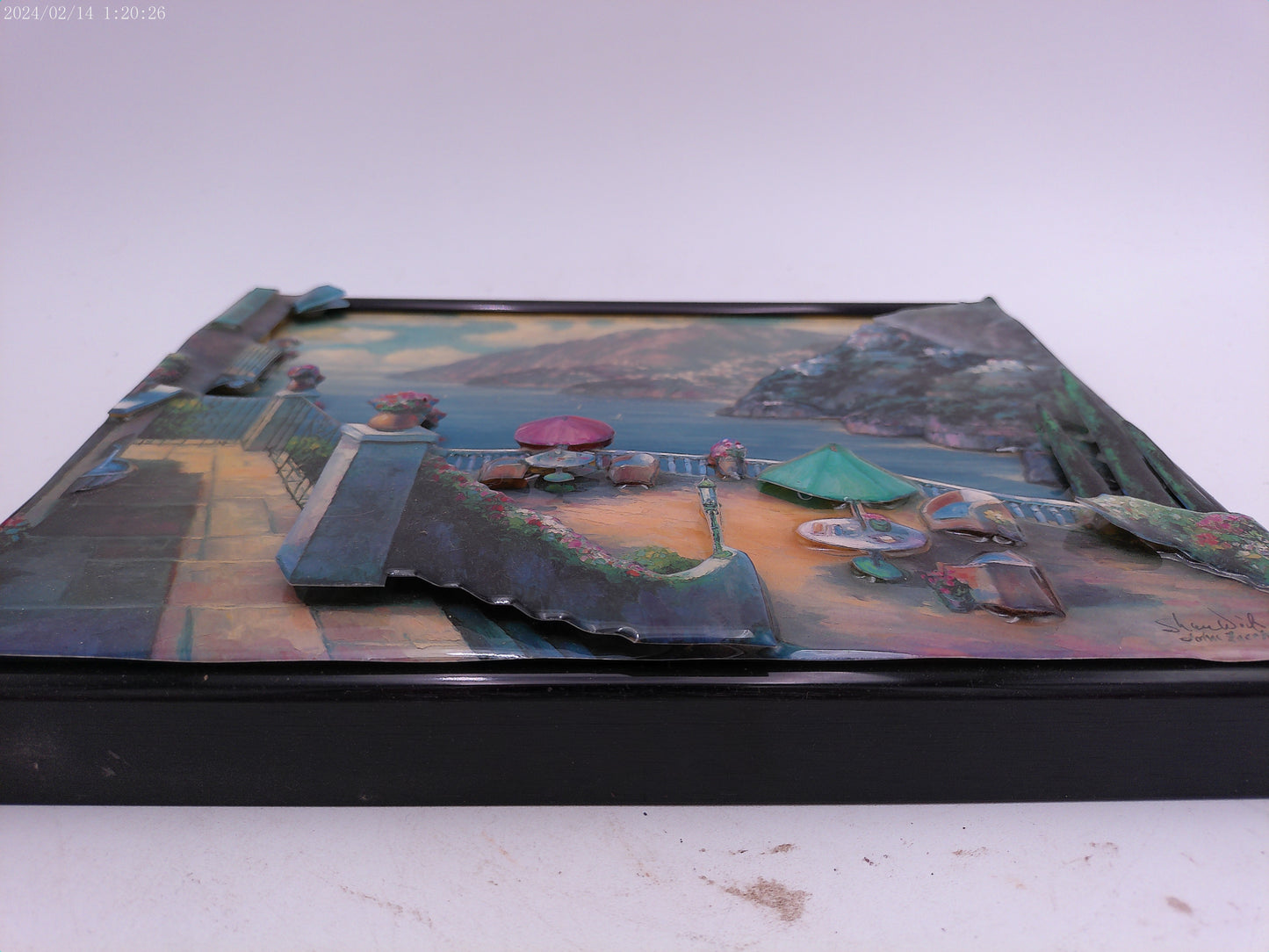 Metal Framed 3D Effect Glazed Picture of Mountains and Ocean