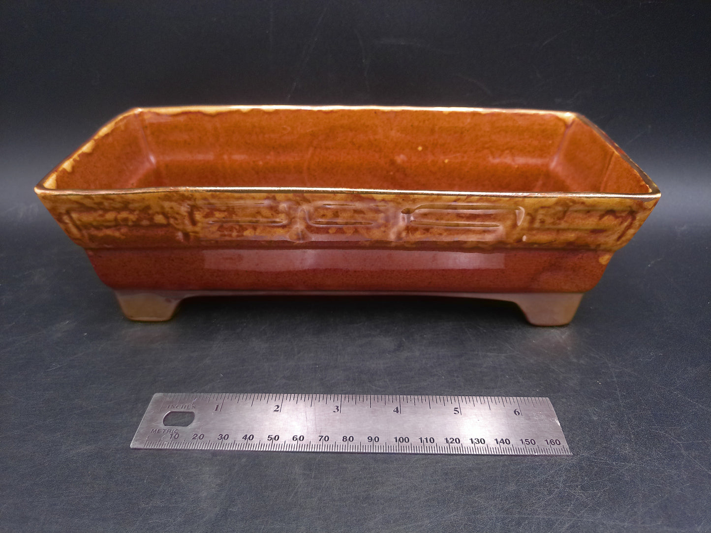 Shafer 23K Gold Marked Rectangle Brown Drip Glaze Brush Ceramic Planter