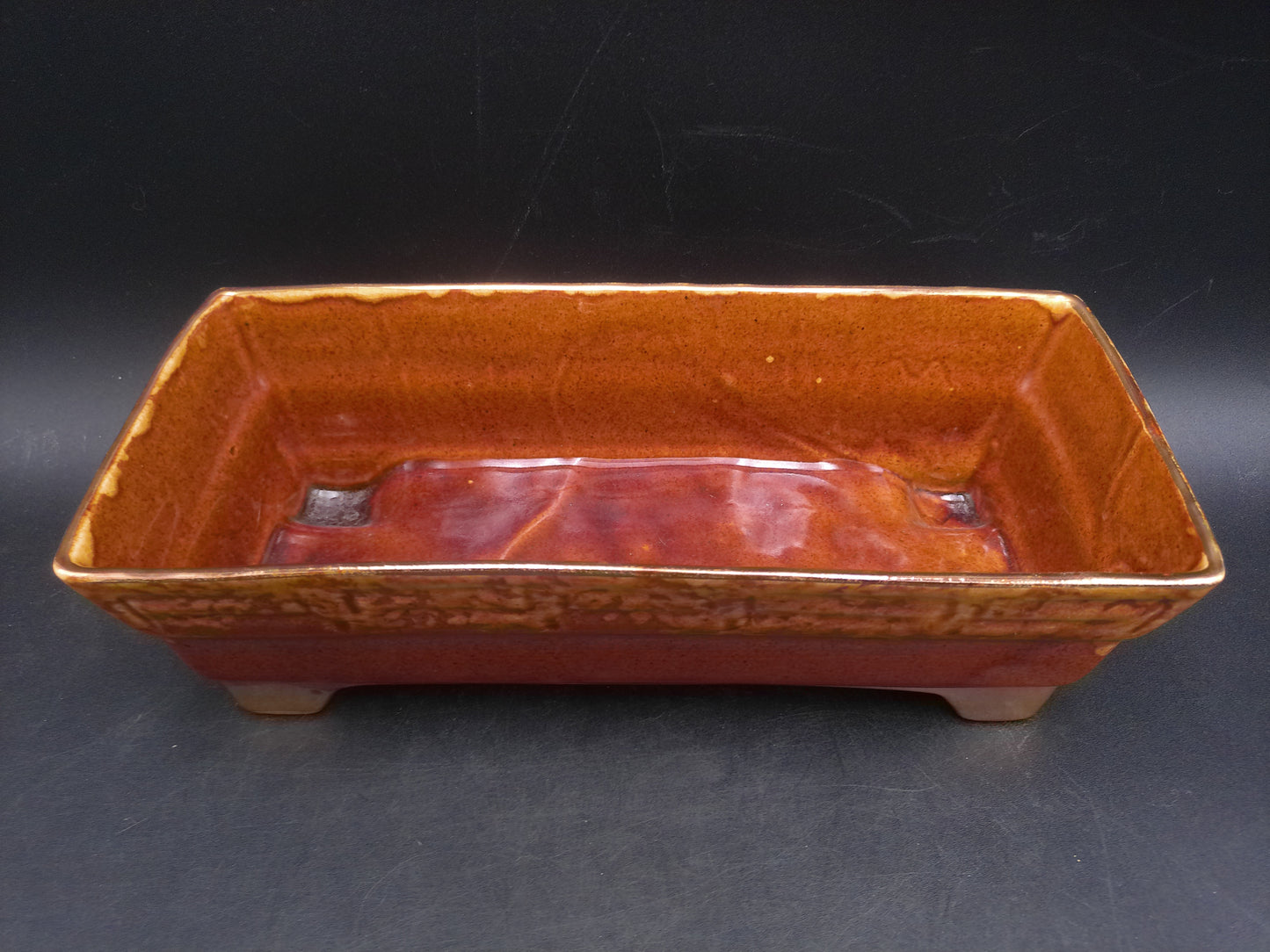 Shafer 23K Gold Marked Rectangle Brown Drip Glaze Brush Ceramic Planter