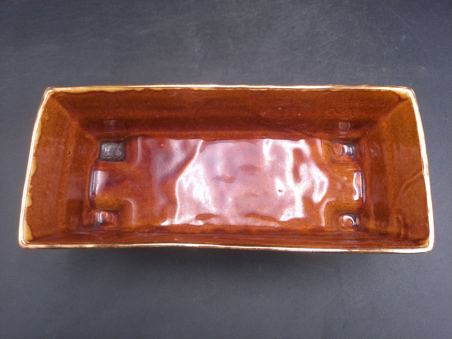 Shafer 23K Gold Marked Rectangle Brown Drip Glaze Brush Ceramic Planter