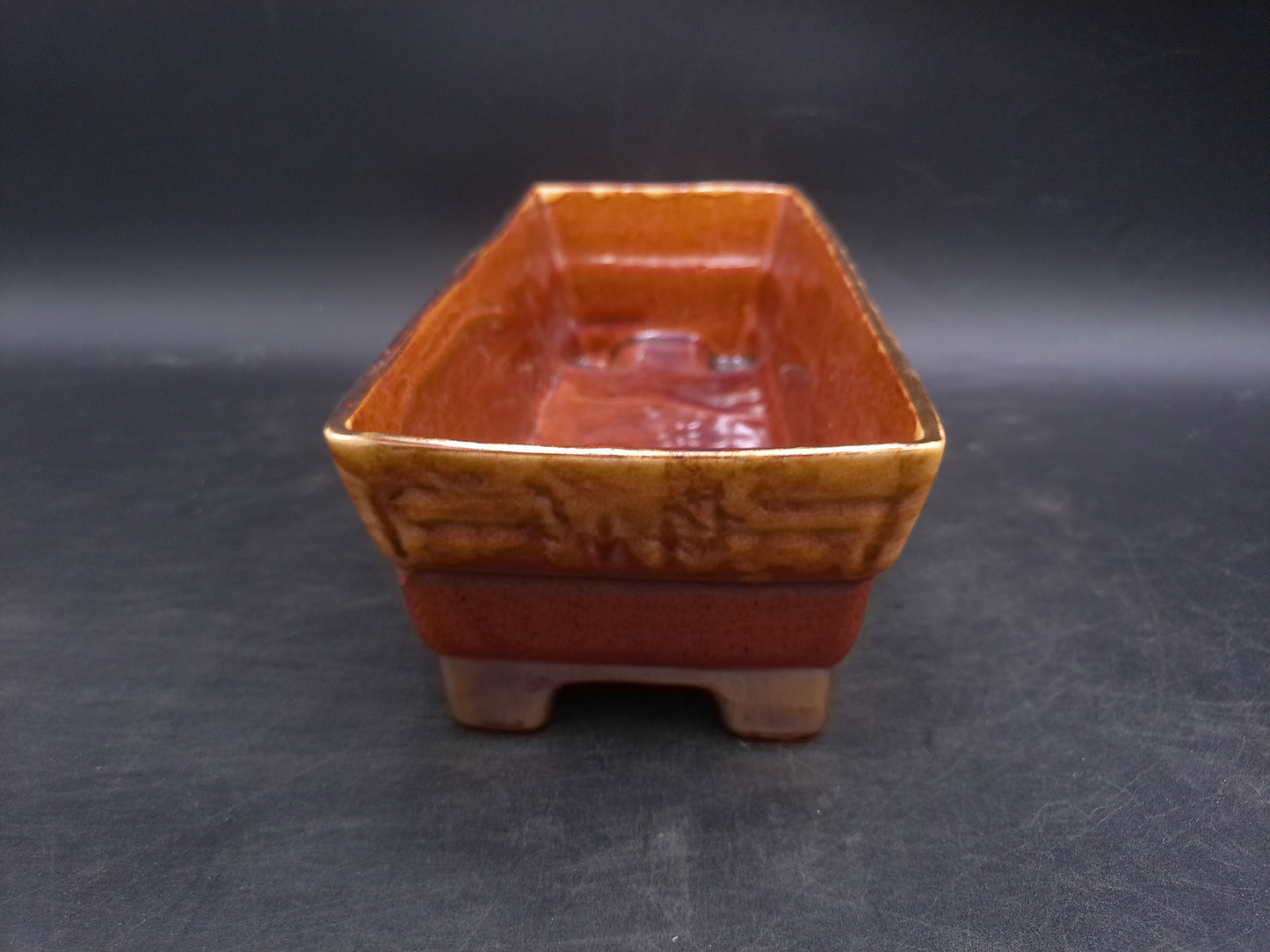 Shafer 23K Gold Marked Rectangle Brown Drip Glaze Brush Ceramic Planter