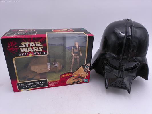 Vintage 1998 Star Wars Episode 1   Scout Tanks Battle Droid Action Figure and Star Wars Darth Vader Ceramic Coin Money Piggy Bank