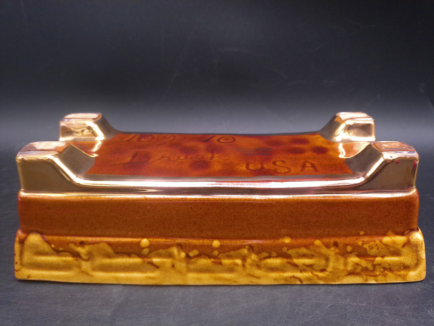 Shafer 23K Gold Marked Rectangle Brown Drip Glaze Brush Ceramic Planter