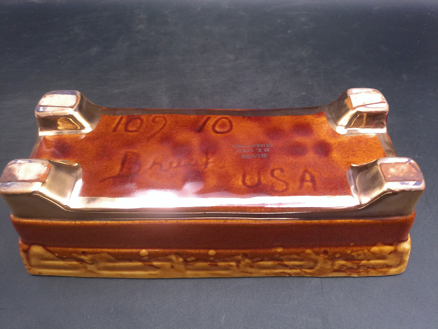 Shafer 23K Gold Marked Rectangle Brown Drip Glaze Brush Ceramic Planter