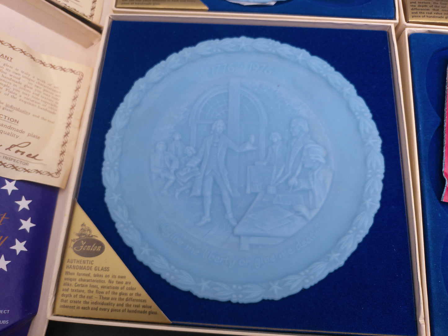 Fenton Blue Powder Glass Plate Portrait Of Liberty  US Congress Orginal  Box Set of 4