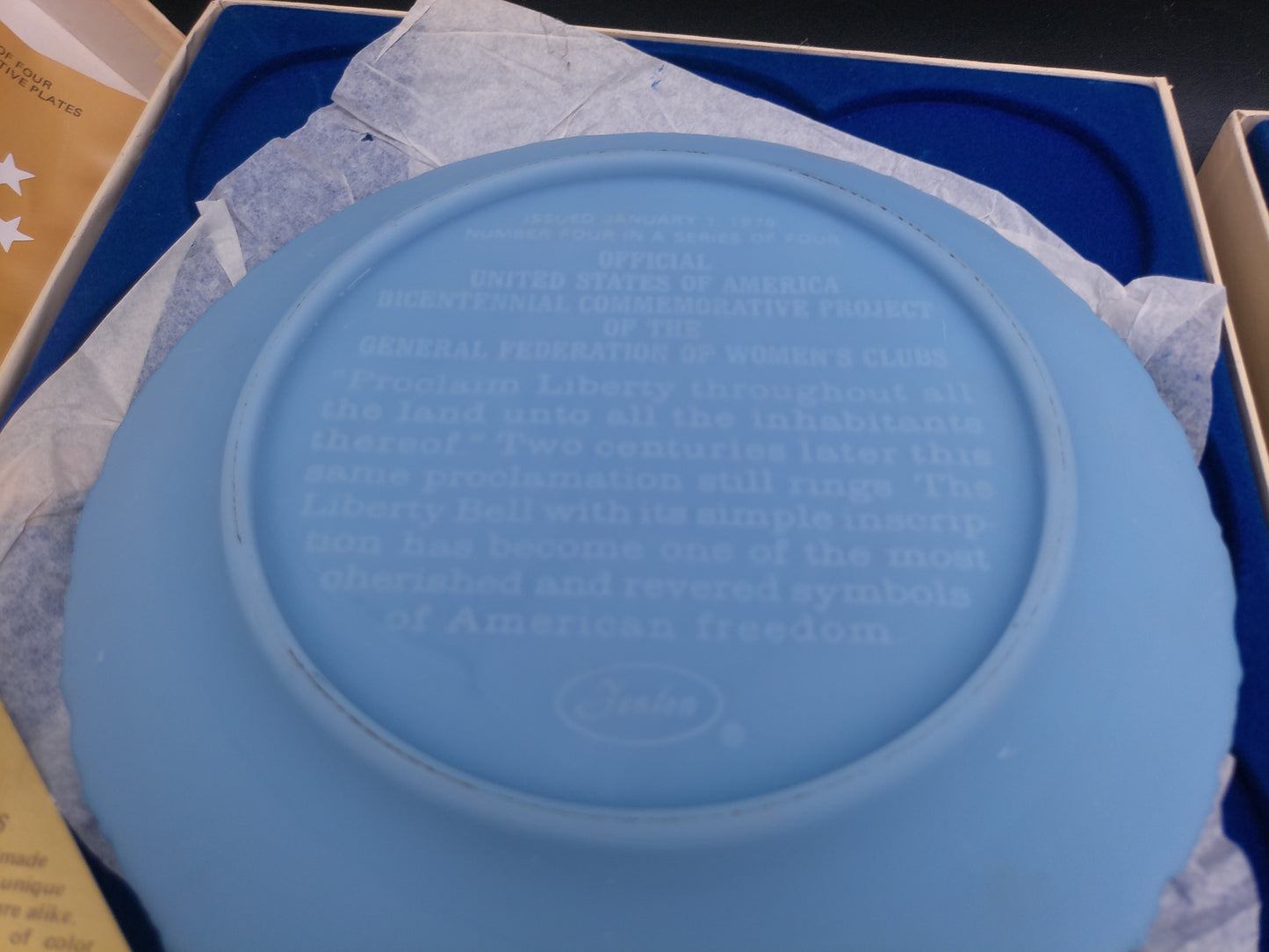 Fenton Blue Powder Glass Plate Portrait Of Liberty  US Congress Orginal  Box Set of 4