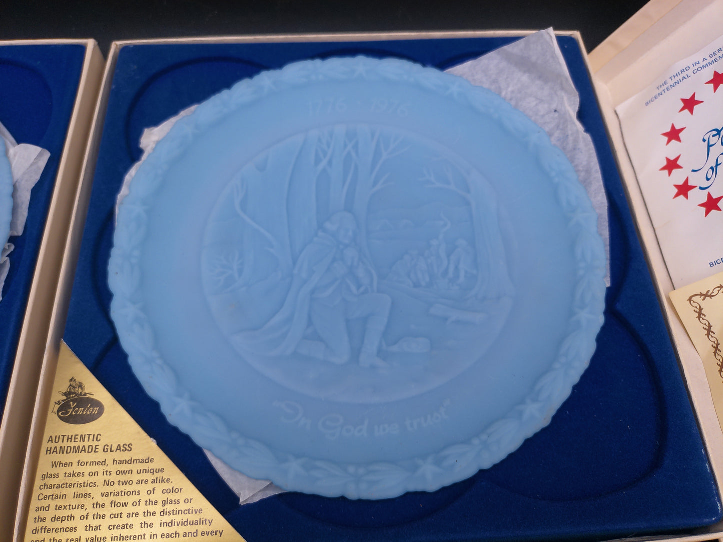 Fenton Blue Powder Glass Plate Portrait Of Liberty  US Congress Orginal  Box Set of 4