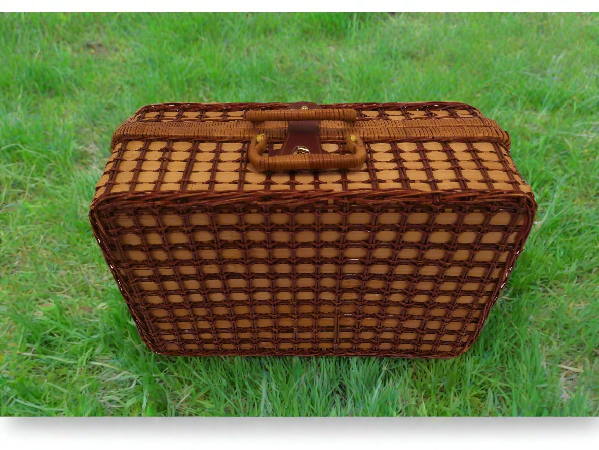 Vintage Woven Wicker Picnic Suitcase Basket with Patriotic Place Settings for Four