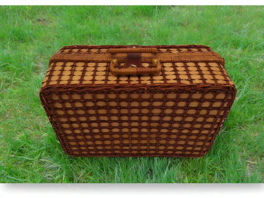 Vintage Woven Wicker Picnic Suitcase Basket with Patriotic Place Settings for Four