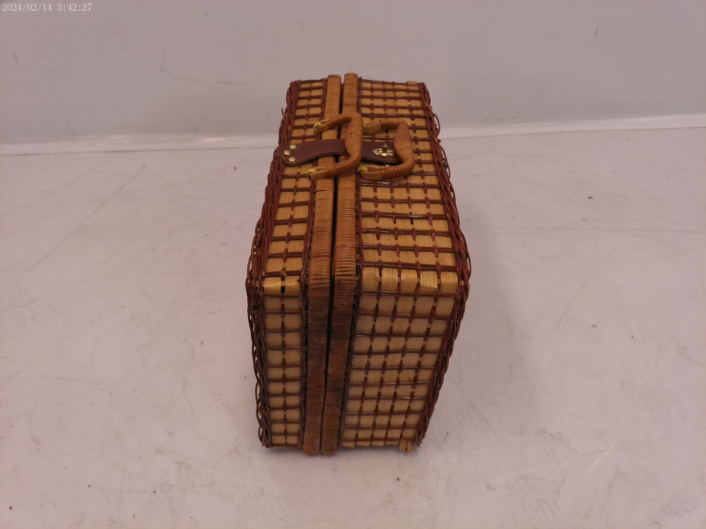 Vintage Woven Wicker Picnic Suitcase Basket with Patriotic Place Settings for Four