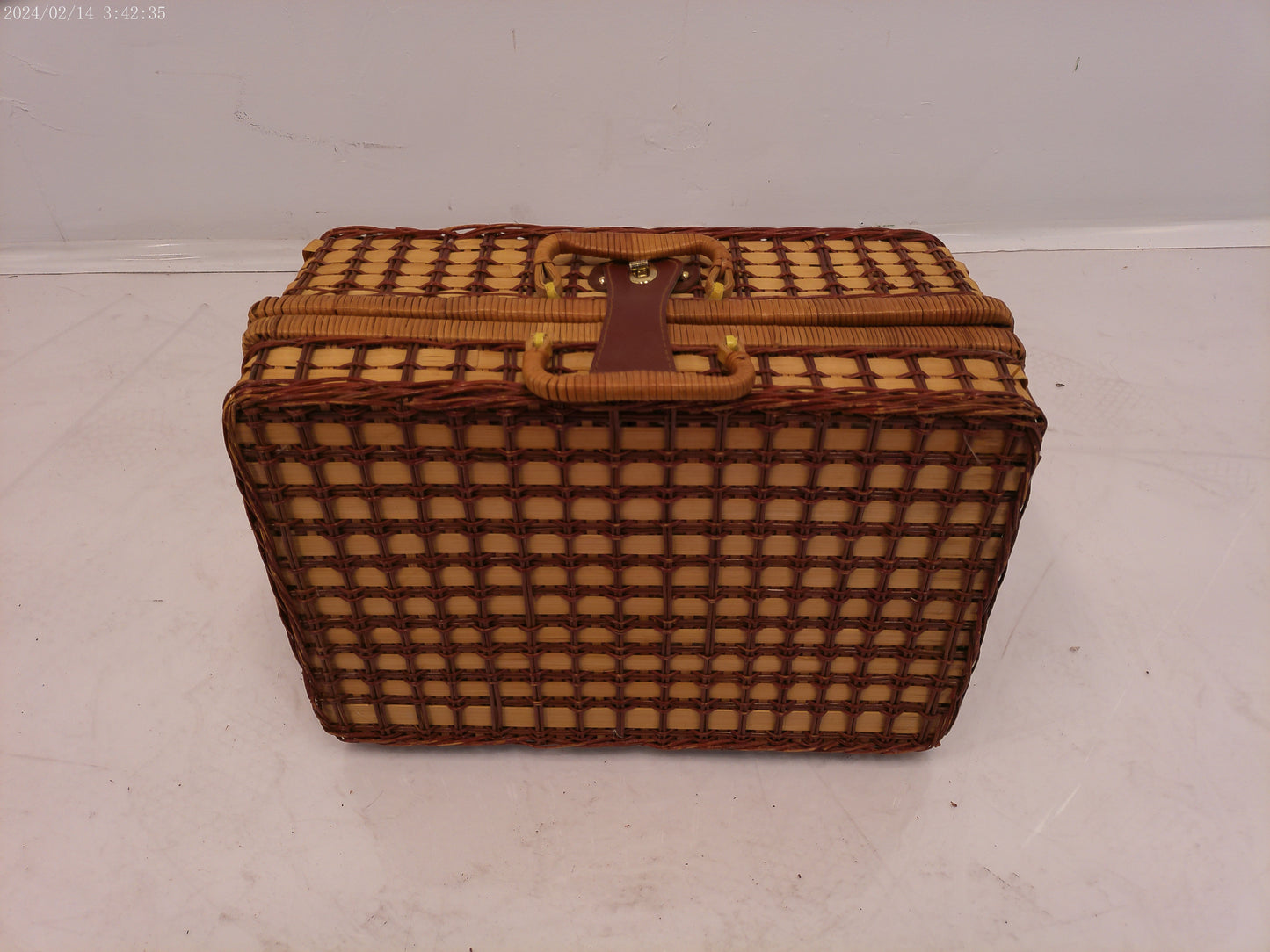 Vintage Woven Wicker Picnic Suitcase Basket with Patriotic Place Settings for Four