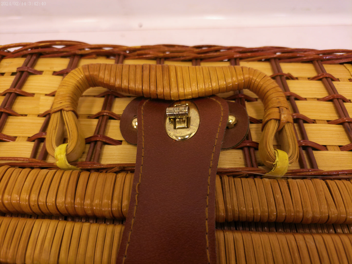 Vintage Woven Wicker Picnic Suitcase Basket with Patriotic Place Settings for Four