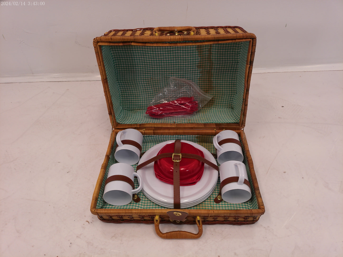 Vintage Woven Wicker Picnic Suitcase Basket with Patriotic Place Settings for Four