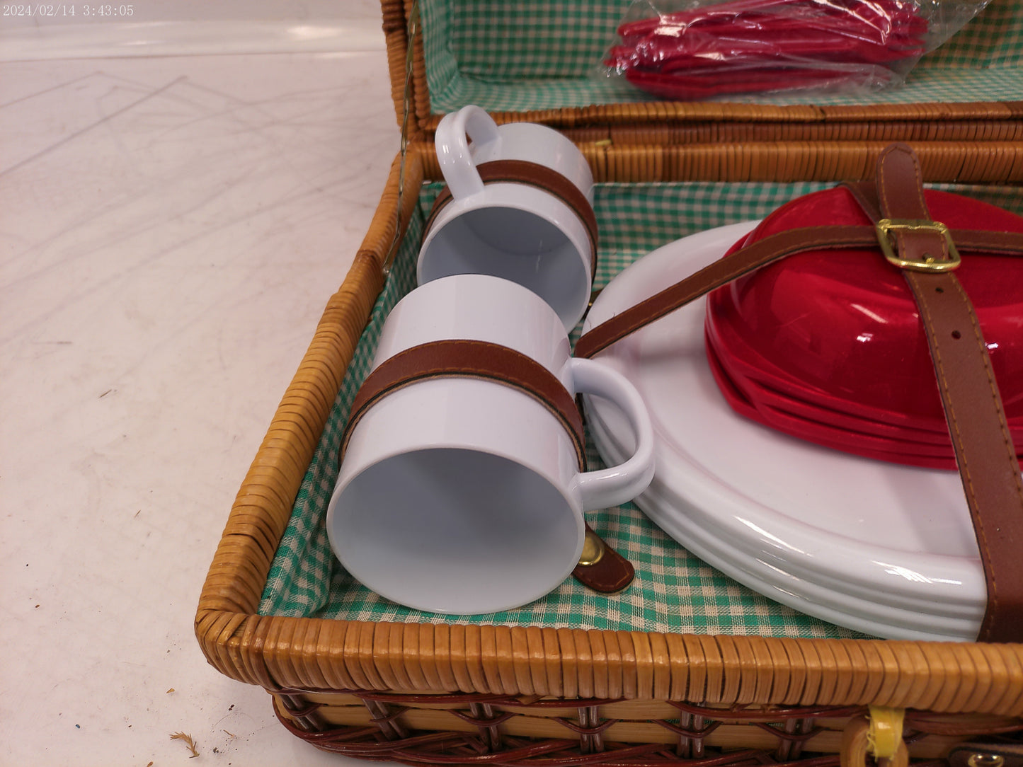 Vintage Woven Wicker Picnic Suitcase Basket with Patriotic Place Settings for Four