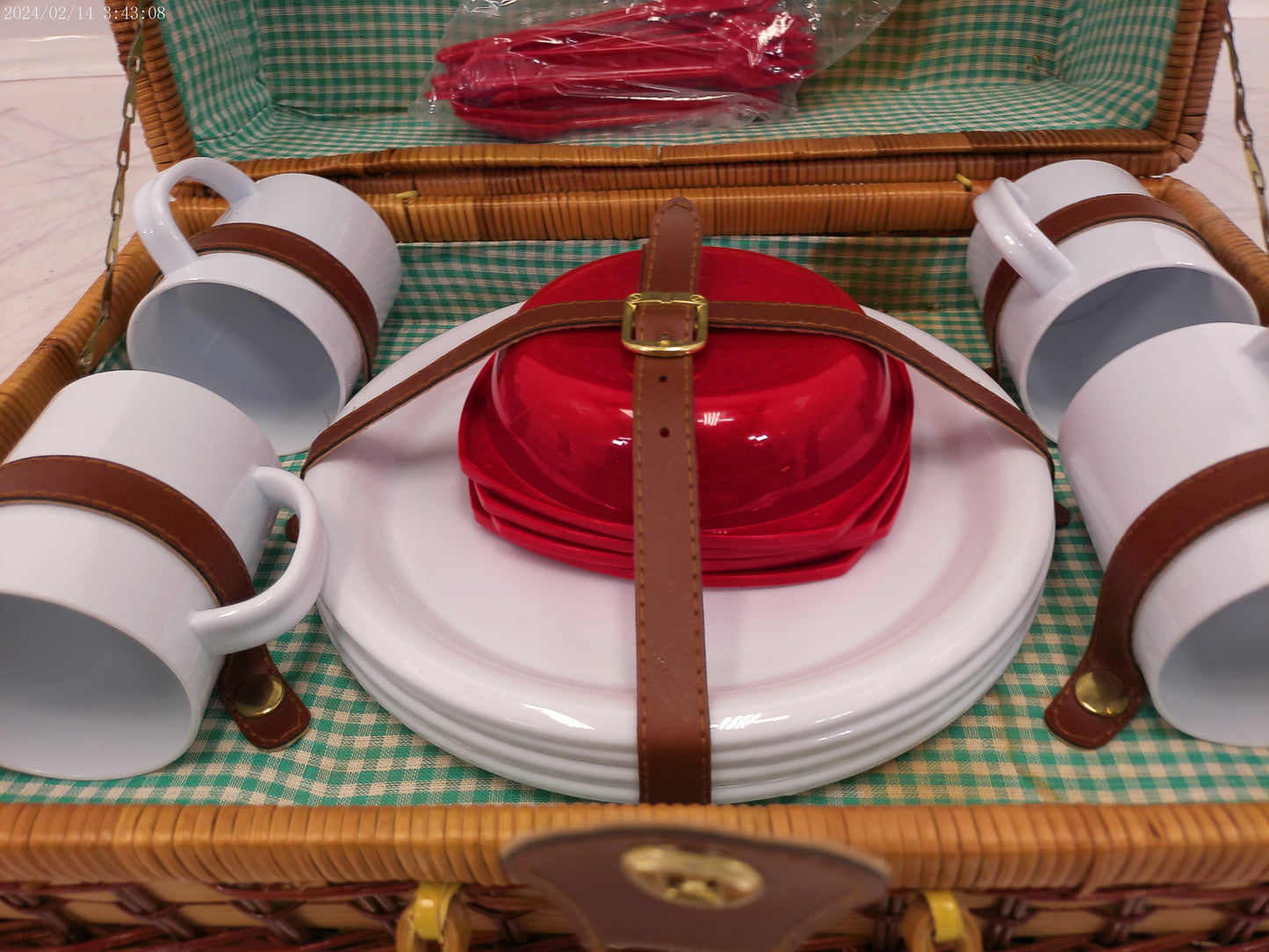 Vintage Woven Wicker Picnic Suitcase Basket with Patriotic Place Settings for Four