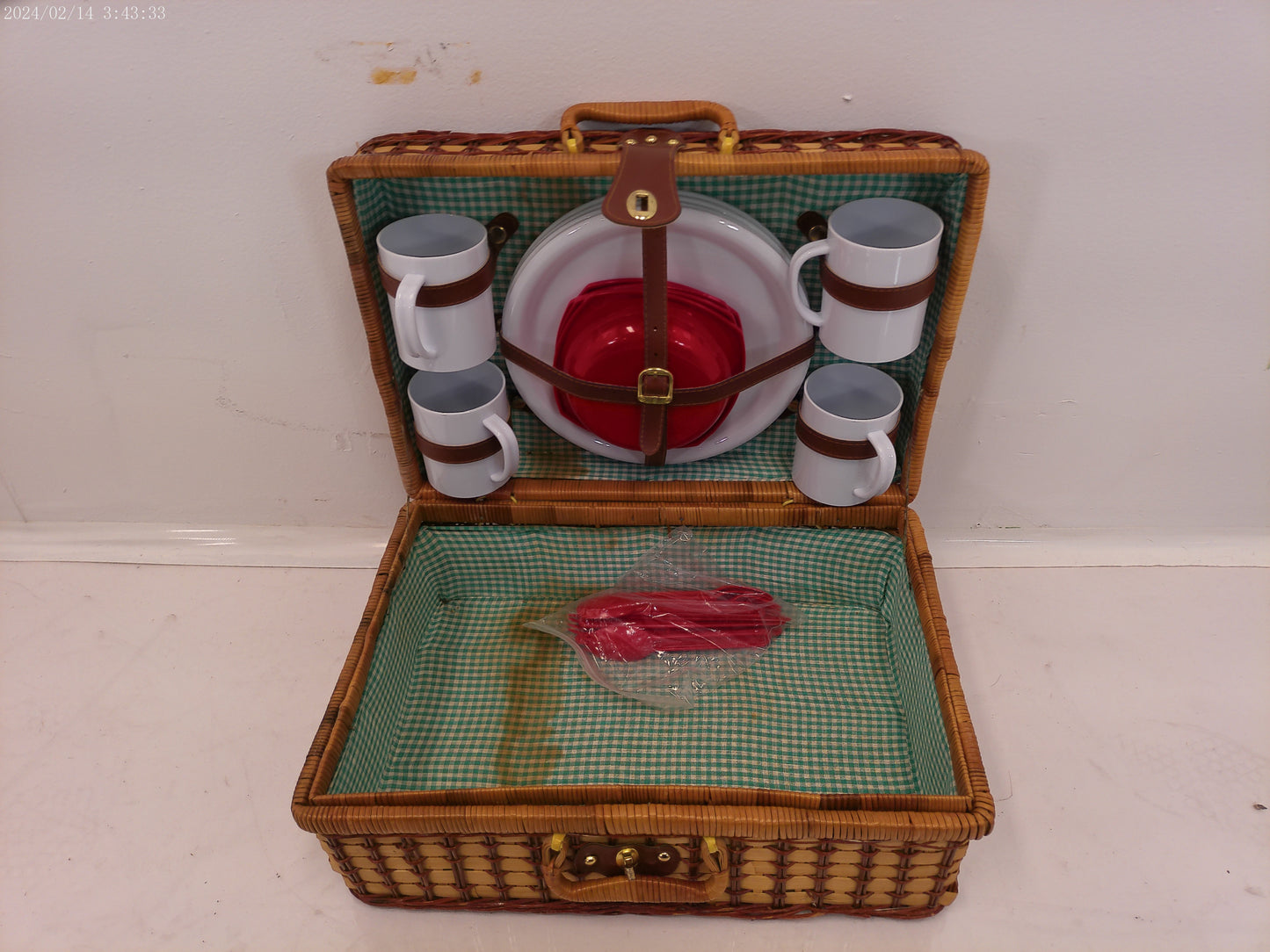 Vintage Woven Wicker Picnic Suitcase Basket with Patriotic Place Settings for Four